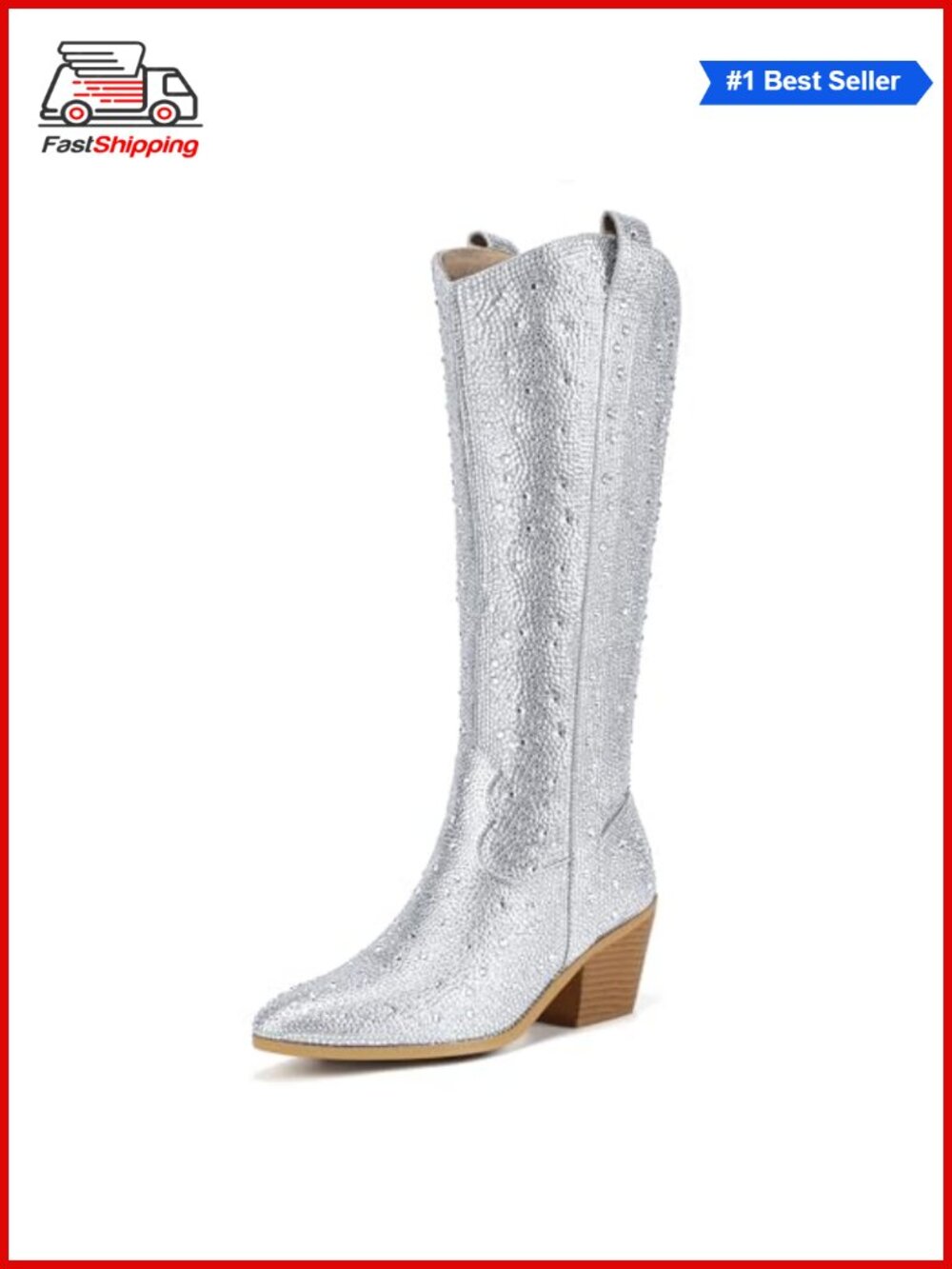 ✨ Western Knee High Rhinestone Cowboy Boots Women Pointed Toe Block Heel Zip